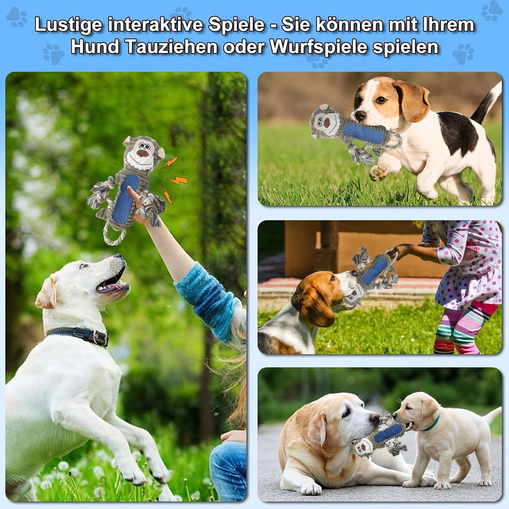 Interactive Squeaky Monkey dog toy with moving eyes and expressive face - Plush chew toy with fluffy tail and pull cord - Durable material, no batteries required