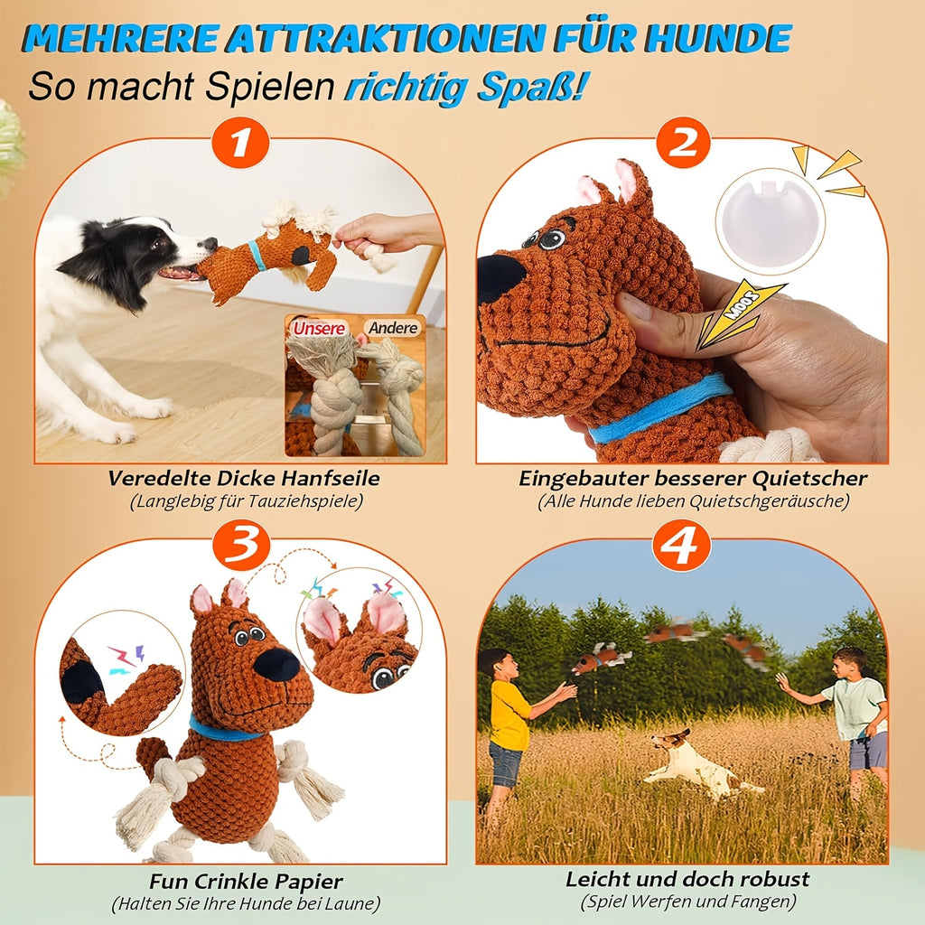 Cotton rope dog, interactive squeaky dog toy with pull rope, large dog tug-of-war toy, plush puppy chew toy, suitable for small, medium and large dogs