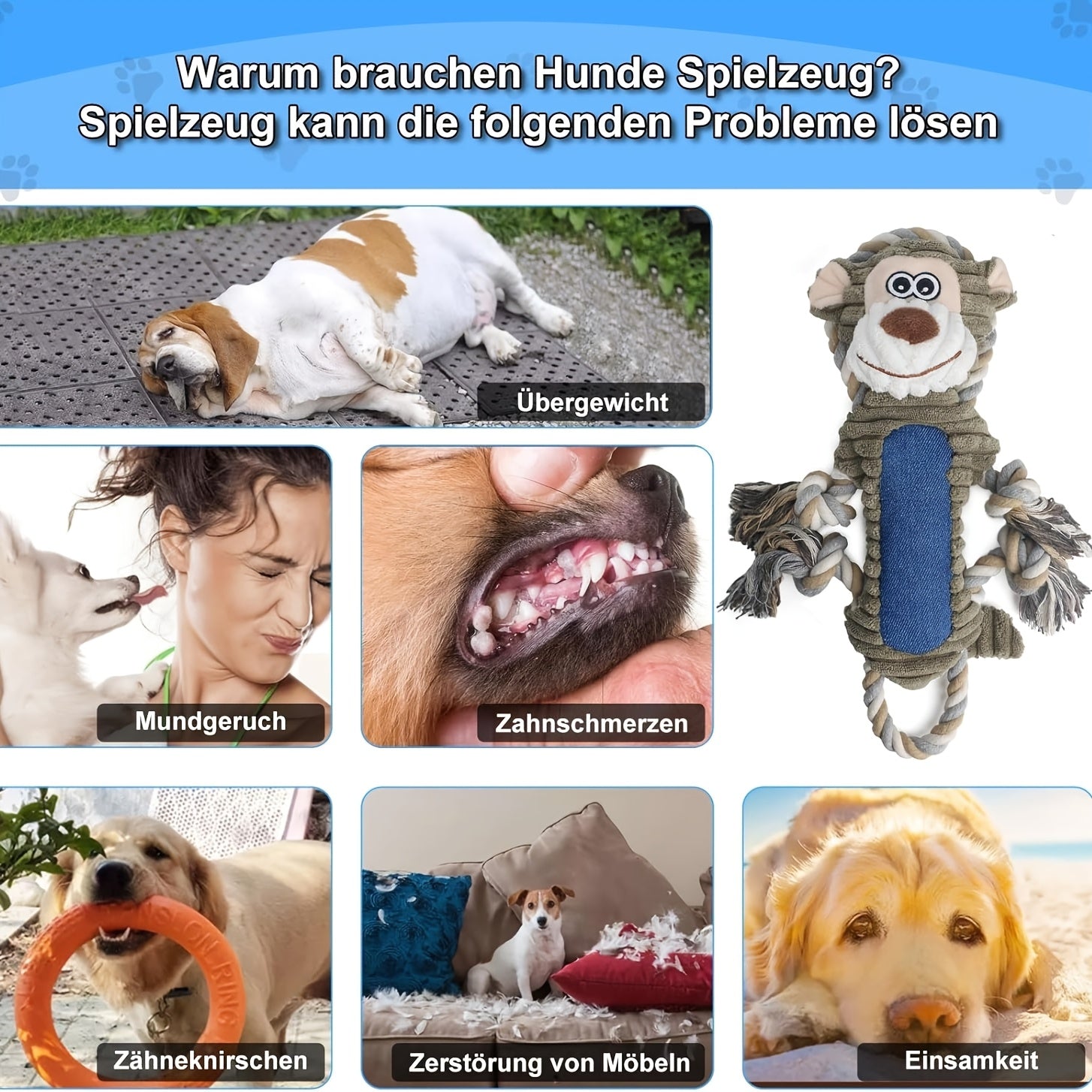 Interactive Squeaky Monkey dog toy with moving eyes and expressive face - Plush chew toy with fluffy tail and pull cord - Durable material, no batteries required