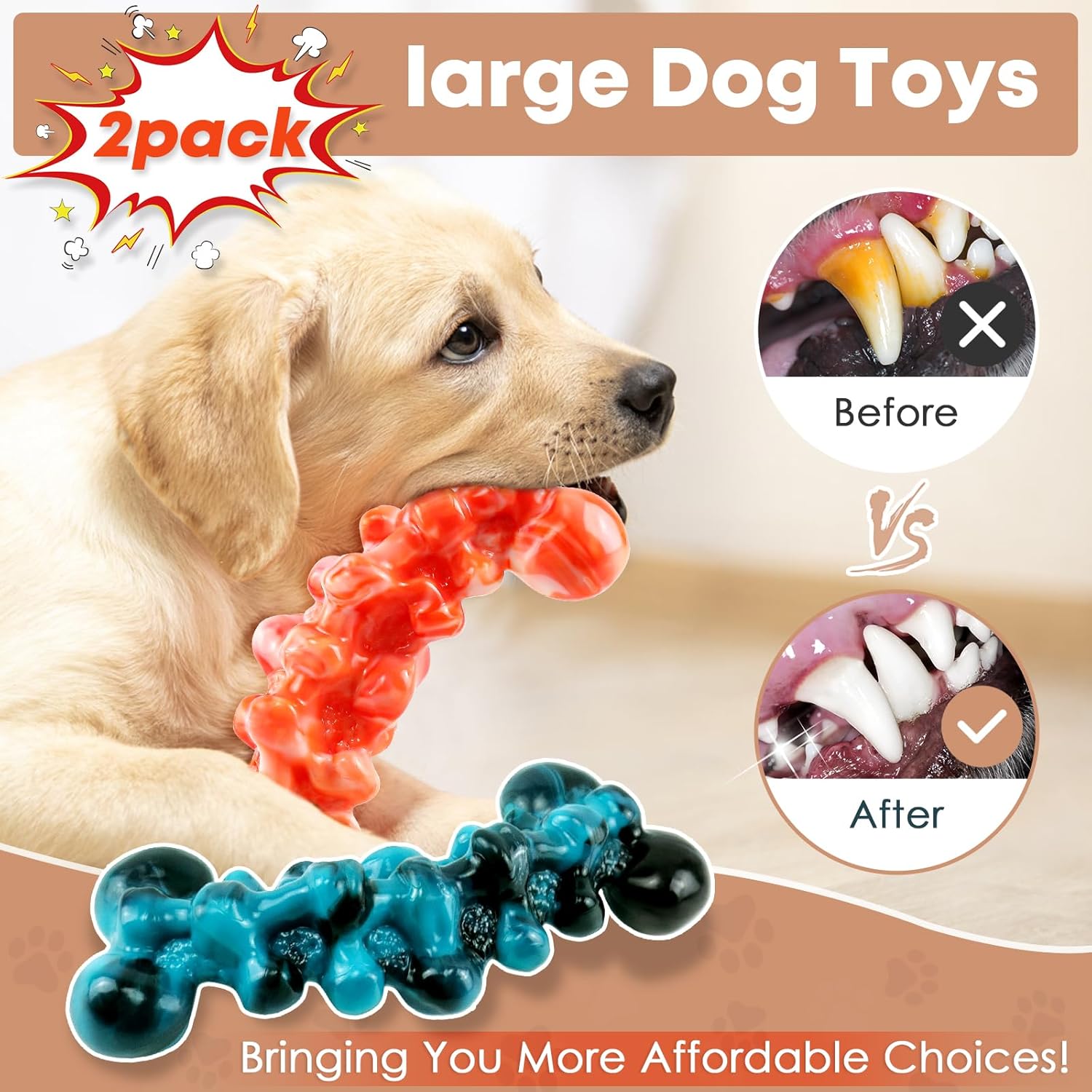 Dog Chew Toys for Aggressive Chewers - 2 Pack Indestructible Teeth Cleaning Chew Toys to Keep Them Busy for Medium & Large Dogs