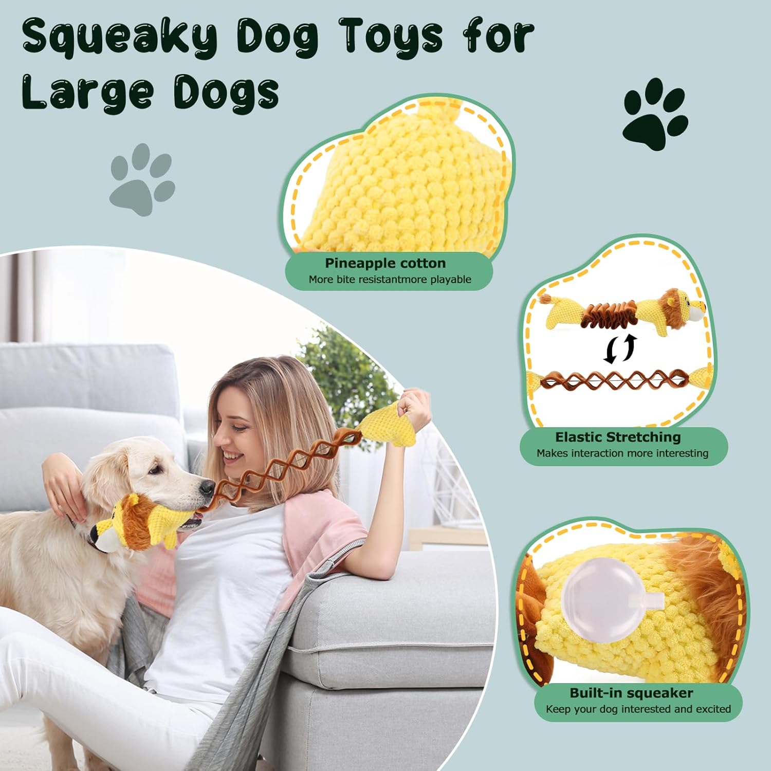 Large Dog Squeaky Lion Plush Toy - Durable, Springy Interactive Pull and Chew Toy with Animal Print for All Breeds