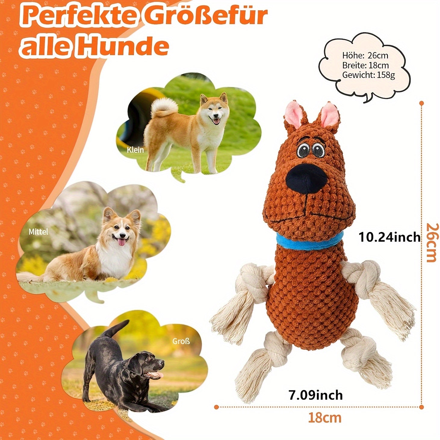 Cotton rope dog, interactive squeaky dog toy with pull rope, large dog tug-of-war toy, plush puppy chew toy, suitable for small, medium and large dogs