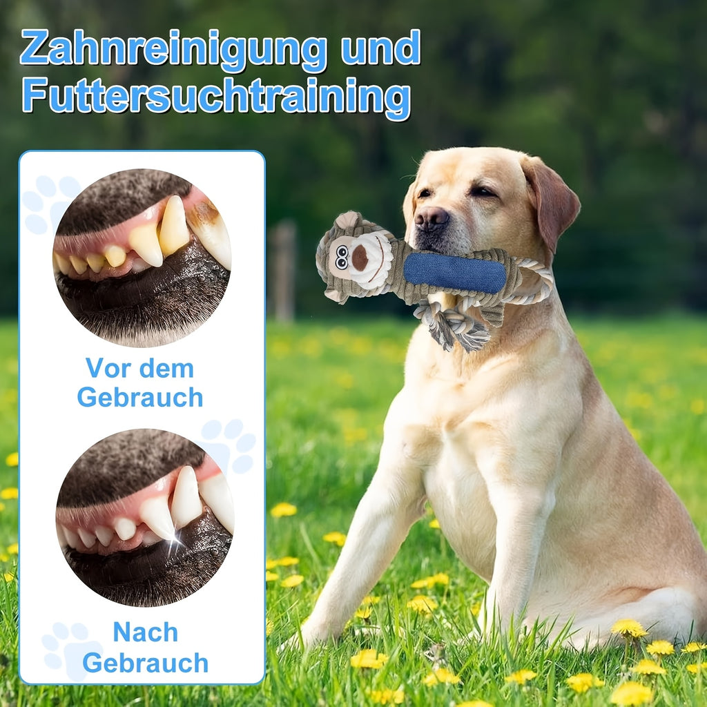 Interactive Squeaky Monkey dog toy with moving eyes and expressive face - Plush chew toy with fluffy tail and pull cord - Durable material, no batteries required