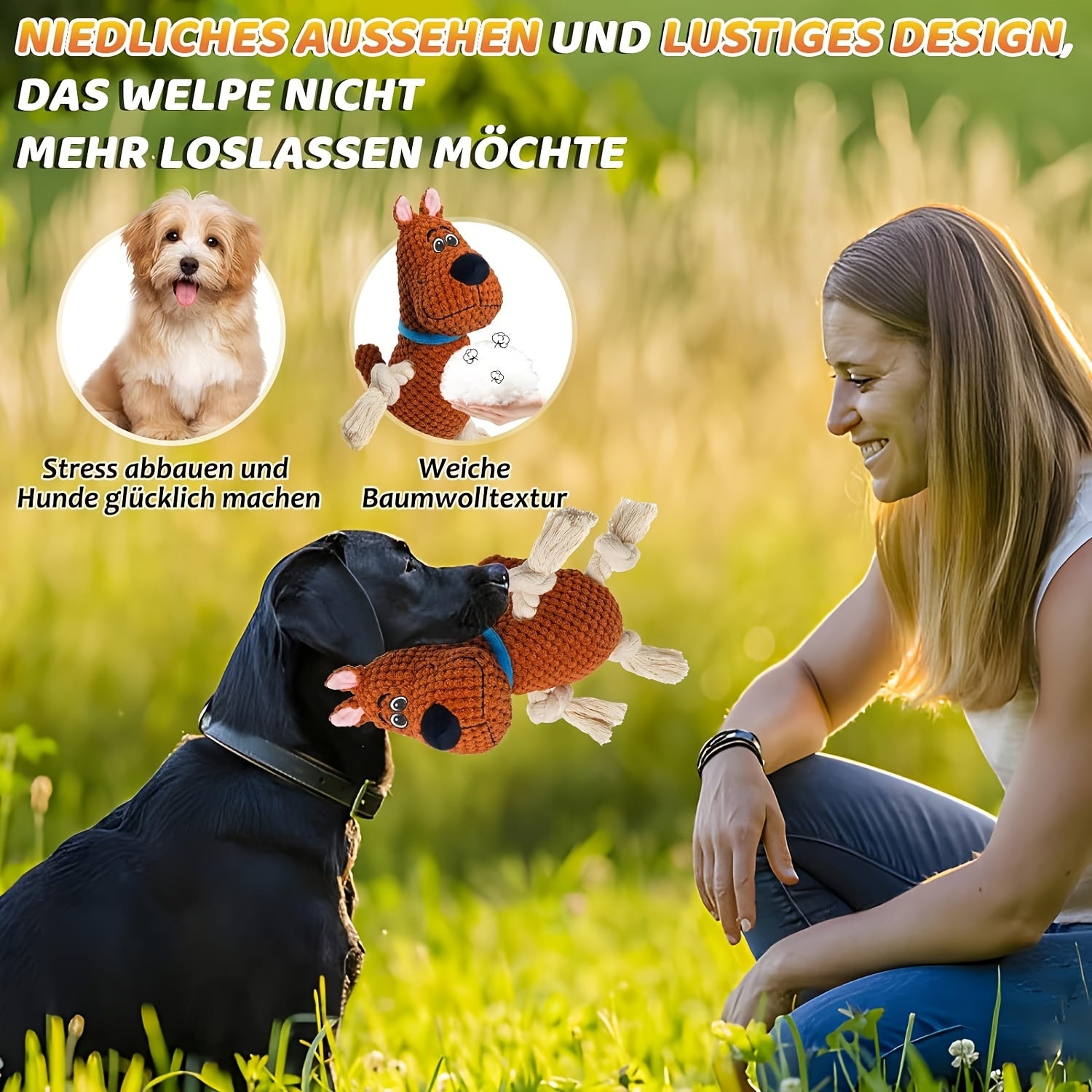 Cotton rope dog, interactive squeaky dog toy with pull rope, large dog tug-of-war toy, plush puppy chew toy, suitable for small, medium and large dogs