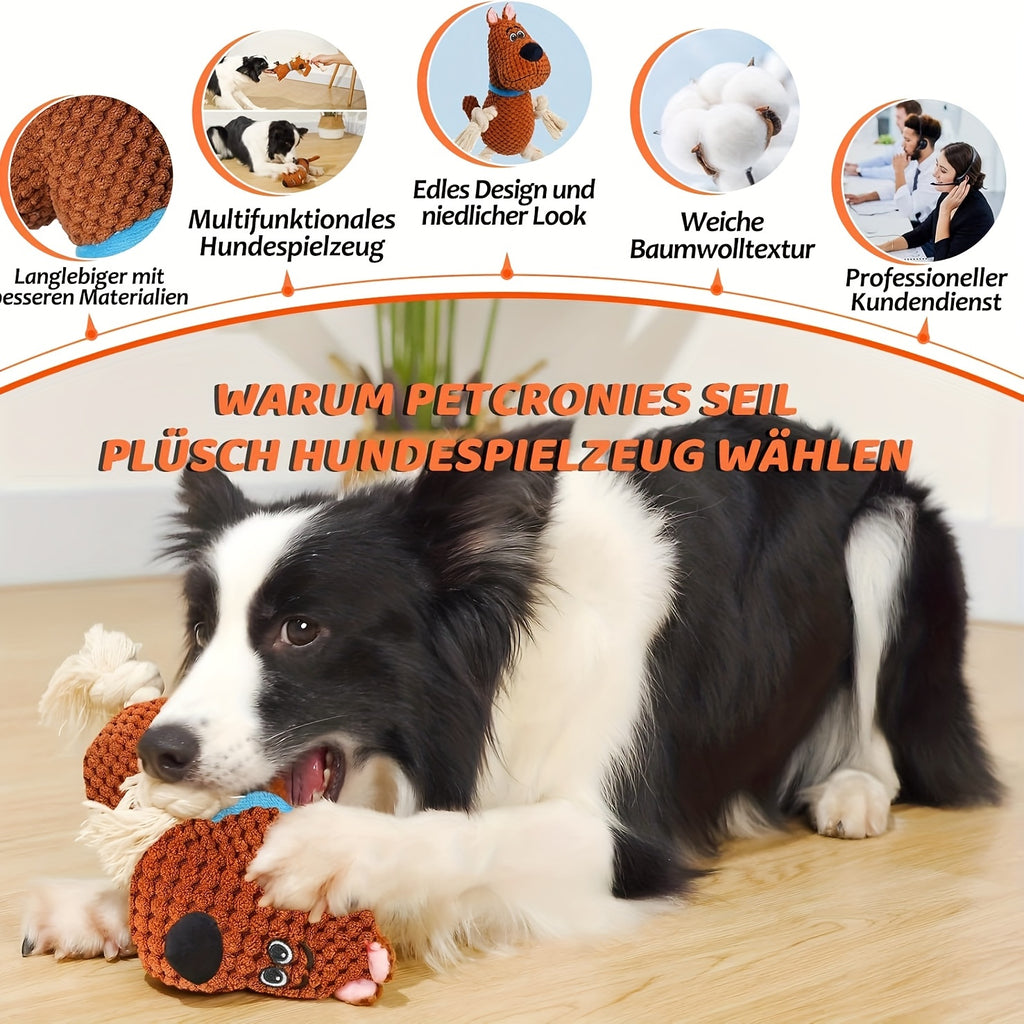 Cotton rope dog, interactive squeaky dog toy with pull rope, large dog tug-of-war toy, plush puppy chew toy, suitable for small, medium and large dogs