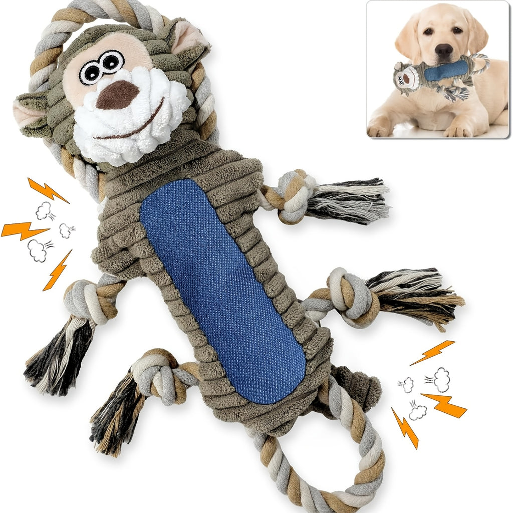 Interactive Squeaky Monkey dog toy with moving eyes and expressive face - Plush chew toy with fluffy tail and pull cord - Durable material, no batteries required